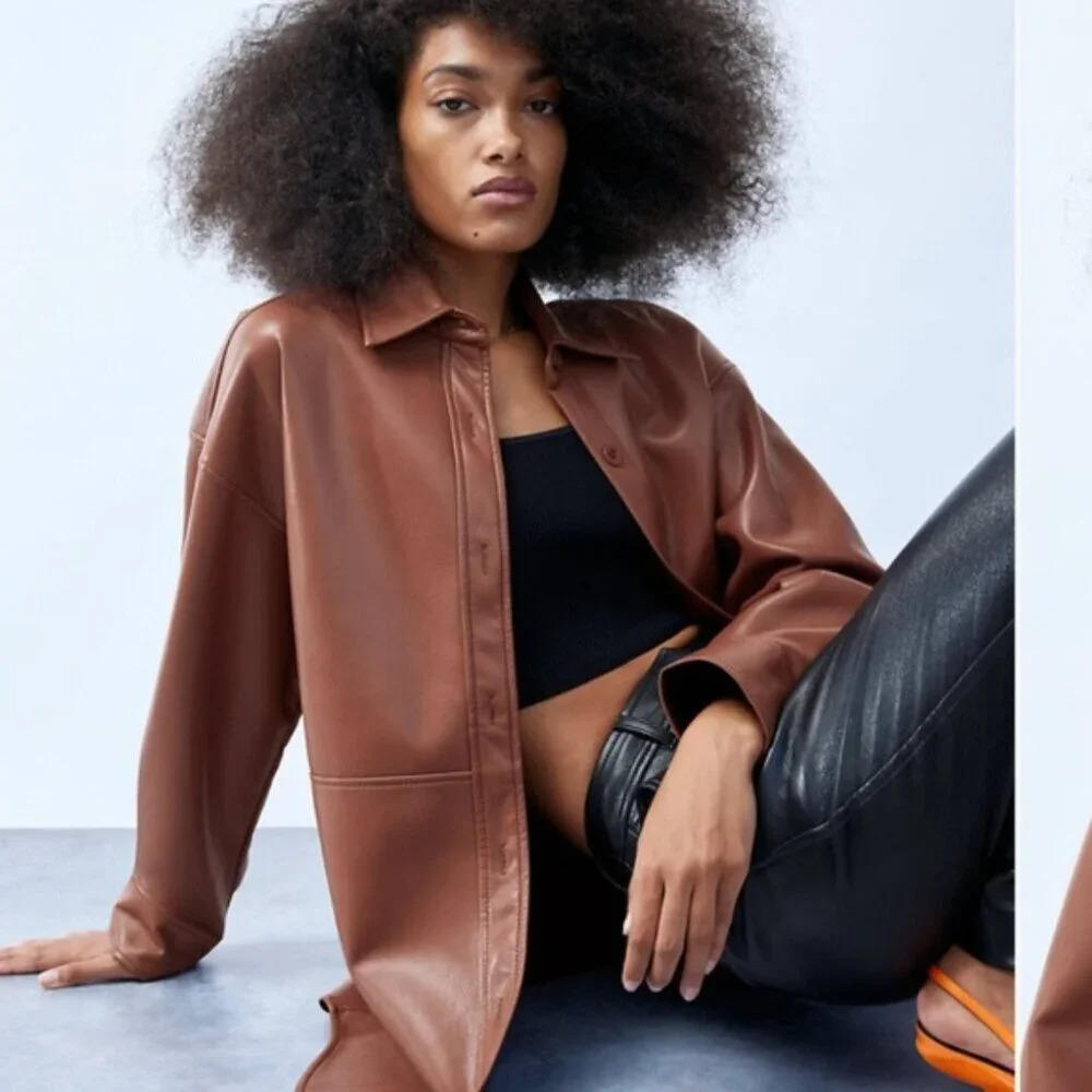 Aritzia Babaton Pelli Faux Leather Vegan  Shirt Jacket Cognac Brown Size Large